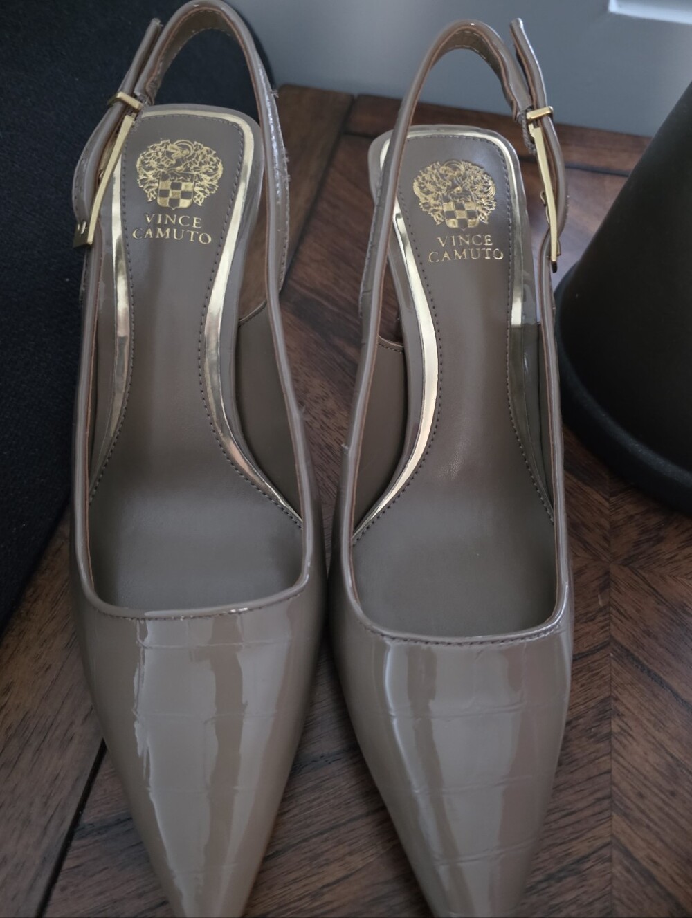 Vince Camuto Taupe Patent Leather Slingback Pumps